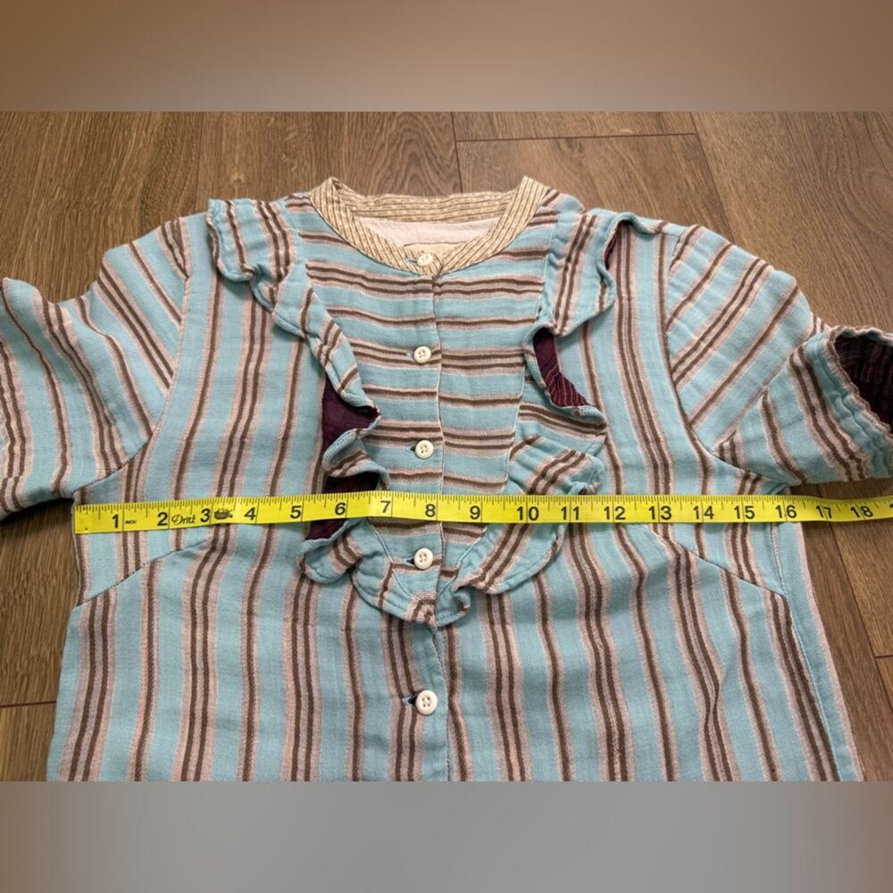 Ace & Jig Gauze Cotton Ruffle Blouse Striped Blue Brown Button Front Size XS - Picture 8 of 9
